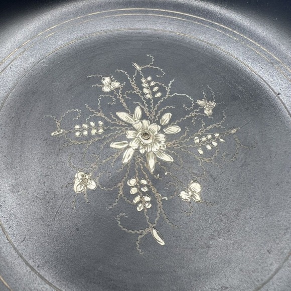 Vintage Matte Black Metal Ashtray With Gold Toned Etched Floral Designs, Boho - Picture 4 of 10